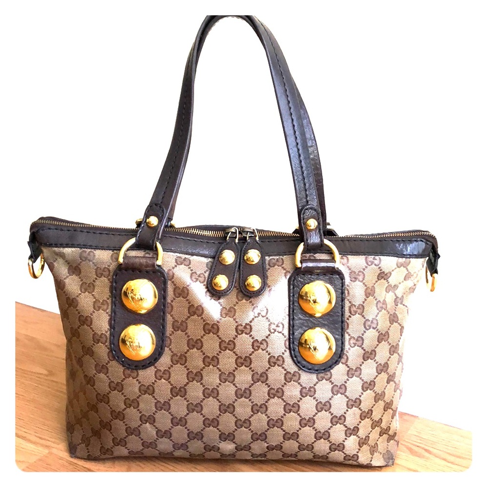 Gucci Shiny Canvas Brown Tote Shoulder Bag